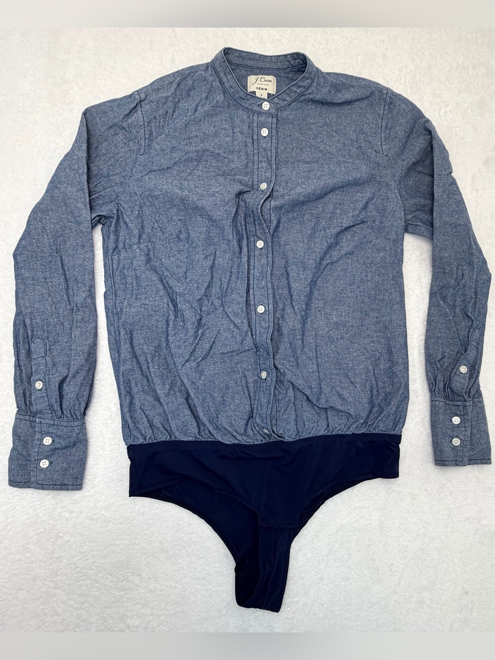 J Crew Bodysuit Denim Feminine Button Up Long Sleeve Size 6